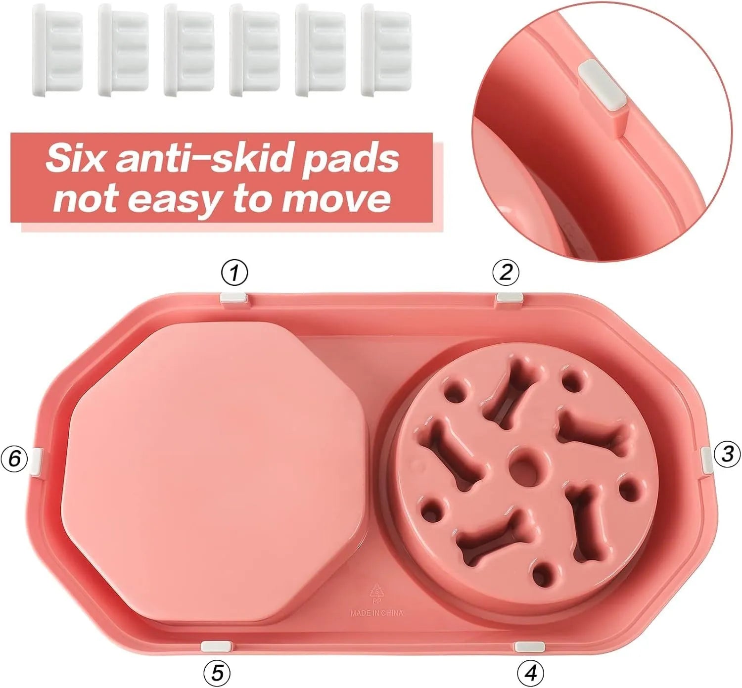 Blue slow feeder dog bowl with maze pattern for anti-gulping, shown with four non-slip pads.