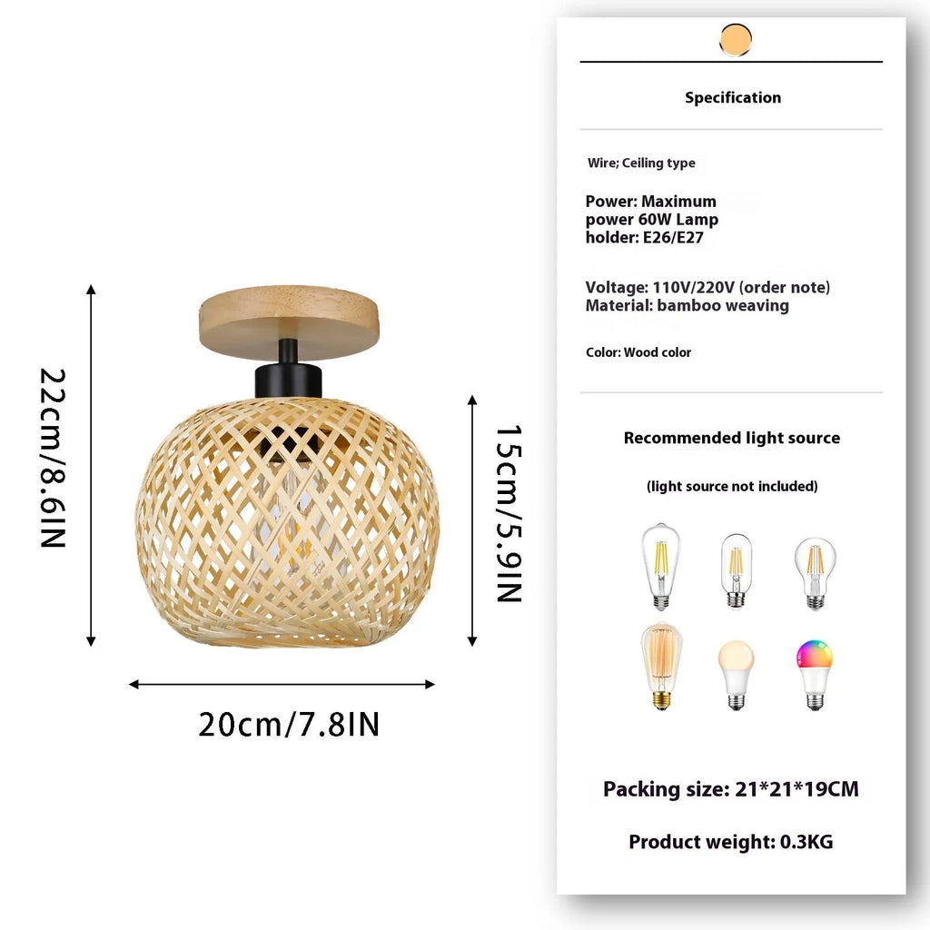 Bamboo Japanese-style pastoral ceiling lamp in wood colour for corridor installation