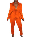 Business uniform two-piece set showing ruffled top with matching pencil pants in polyester fabric