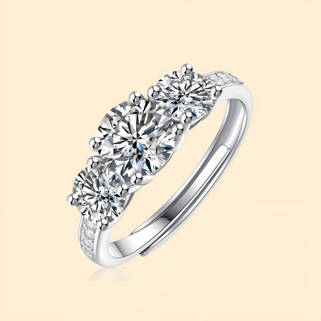 Adjustable open silver ring with 1 karat round moissanite, geometric unisex design