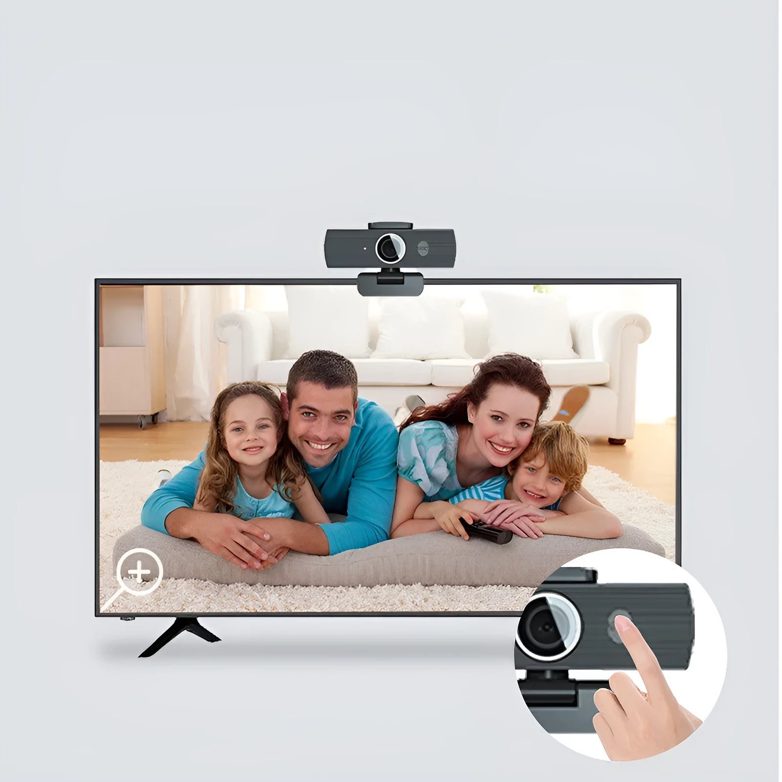 Black 8MP USB webcam with magnetic privacy cover on desktop