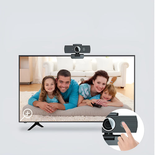 Black 8MP USB webcam with magnetic privacy cover on desktop