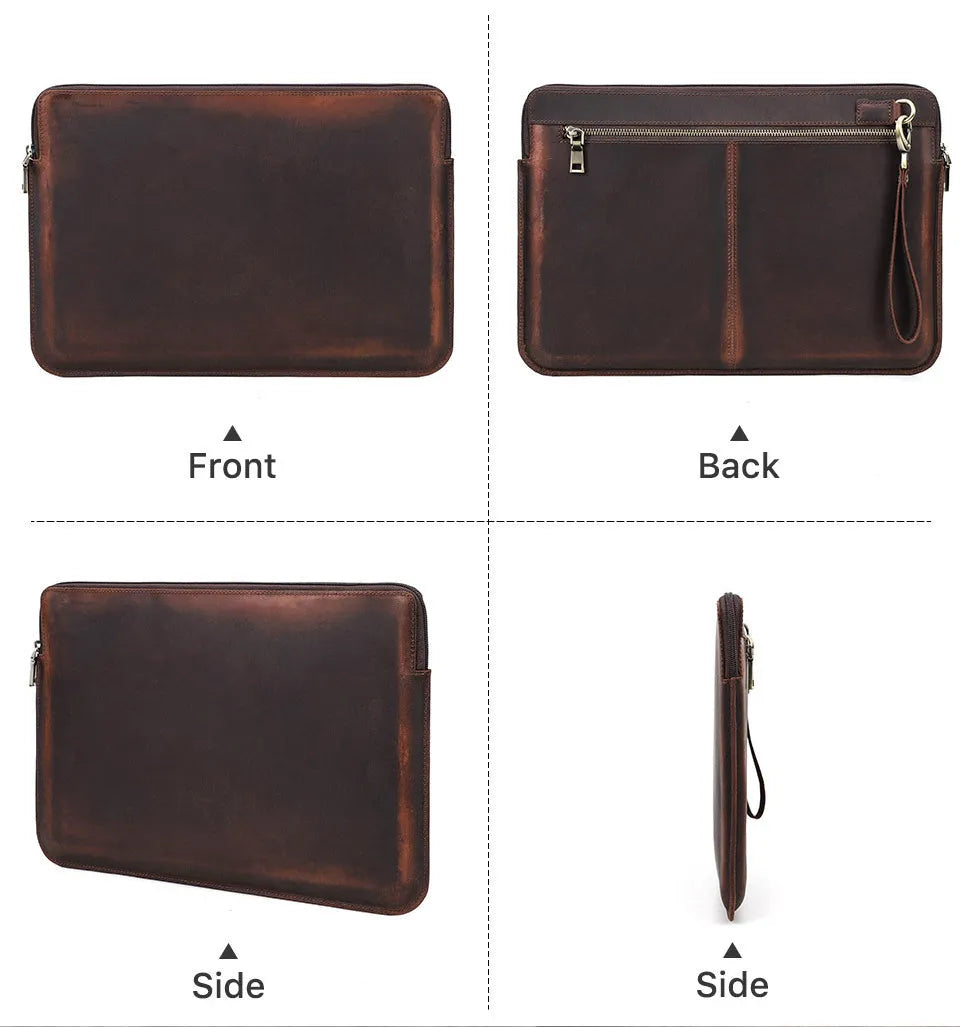 Brown crazy horse leather zipper computer bag for MacBook Pro 15.4 and 16 inch, 390x275x20mm