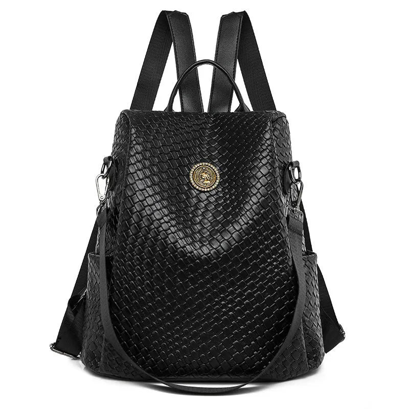 Women's black anti-theft backpack with waterproof PU material and internal organisation compartments