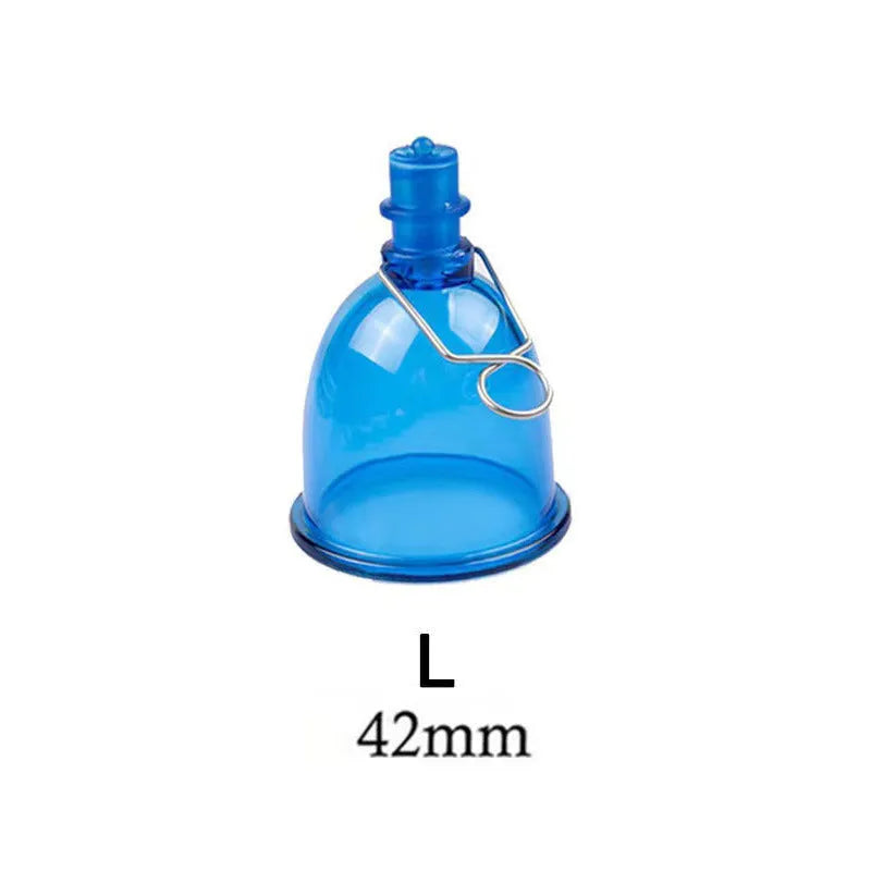 Blue silicone male masturbator cup for physical stretch exercise, shown in small, medium, and large sizes.