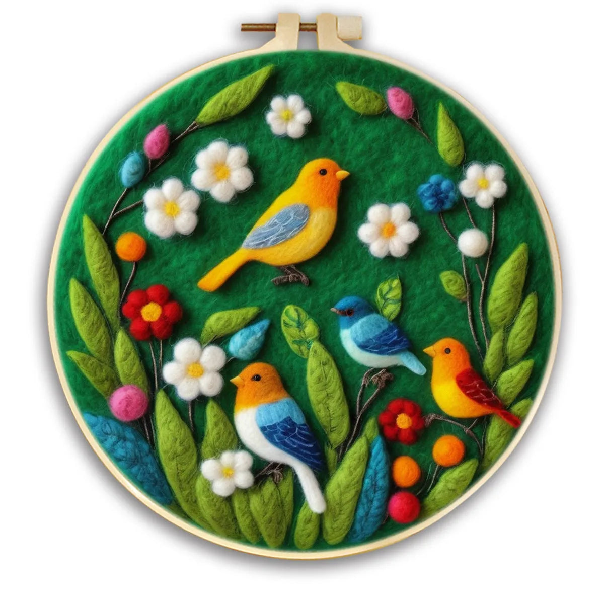 Round linen embroidery kit with wool felt pieces and embroidery frame for 3D blanket painting