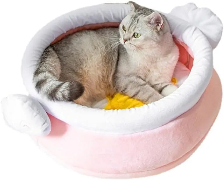 Honey pot shaped cat sofa bed with magic wand design in soft fabric, showing removable nest pad.