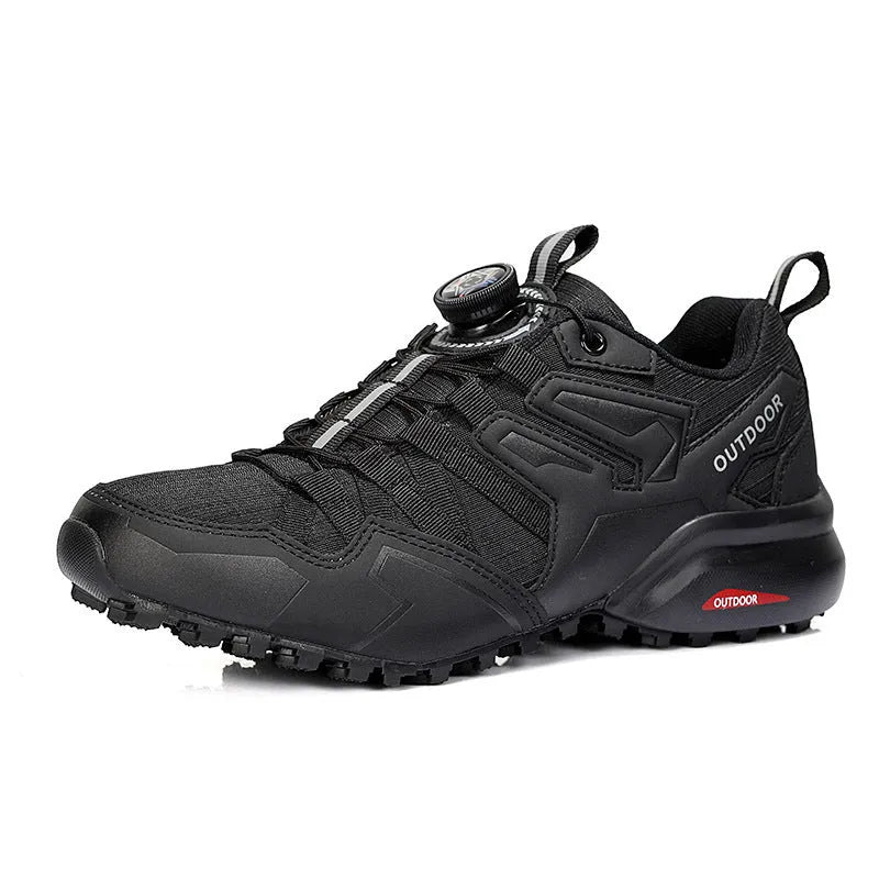 Men's beige, black, and black red lightweight hiking shoes with elastic band closure and rubber sole