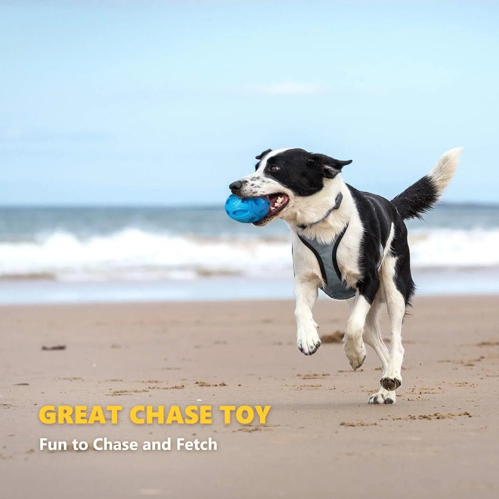 Blue durable natural rubber squeaky dog chew ball toy for aggressive chewers.