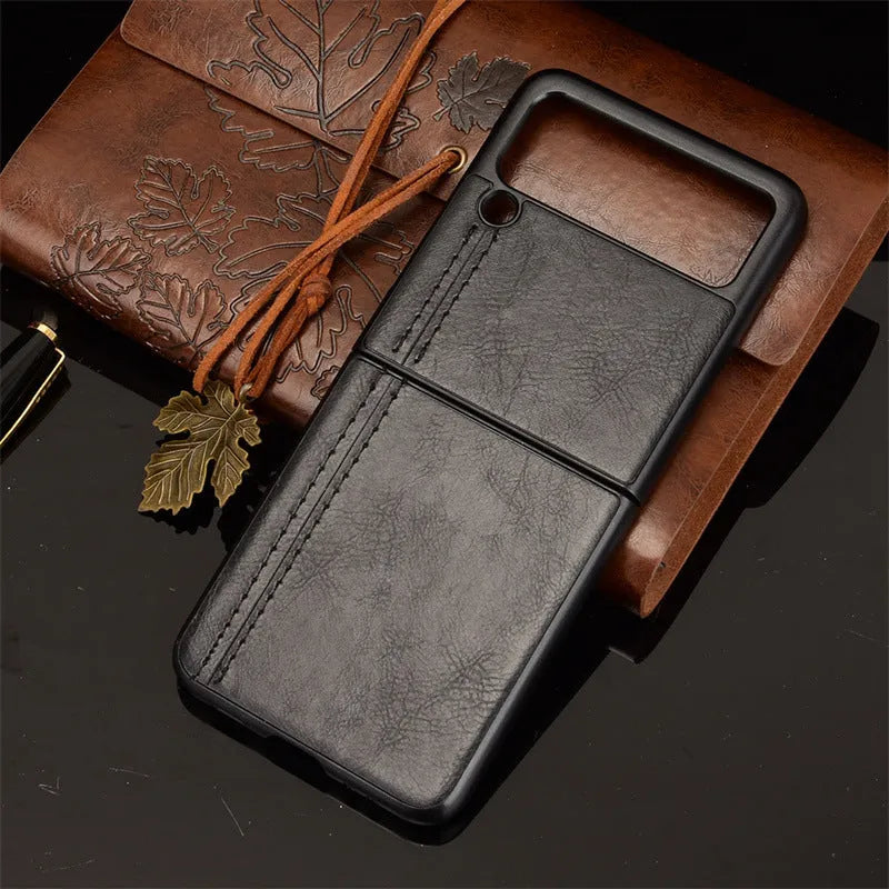 Cow pattern car thread PC leather phone case for Samsung Galaxy Z Flip 3 and Z Flip 4 in black, blue, wine red or yellow.