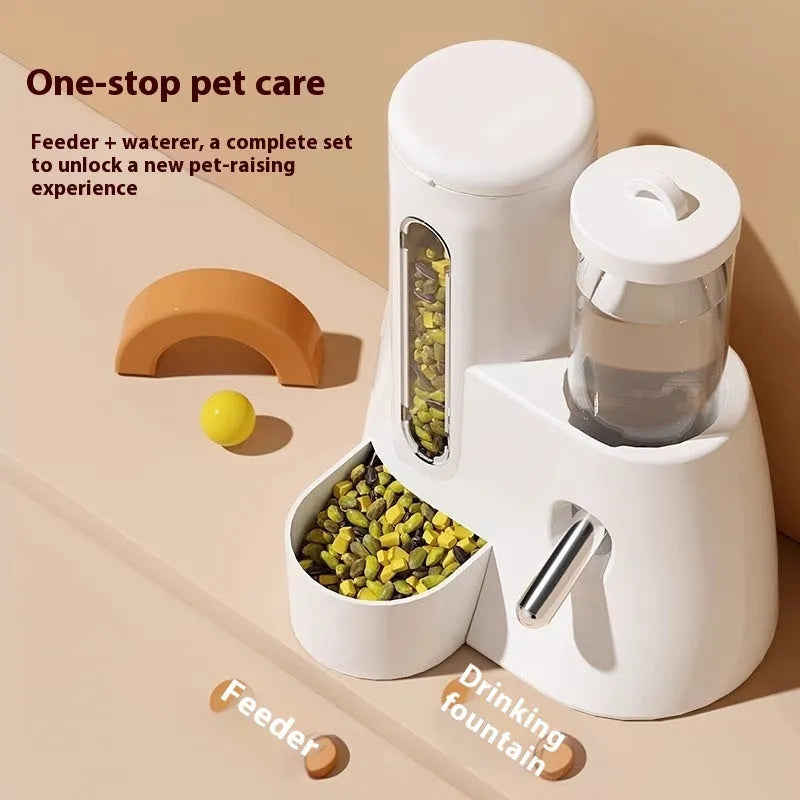 White hamster automatic drinking water feeder with integrated food basin for cage placement
