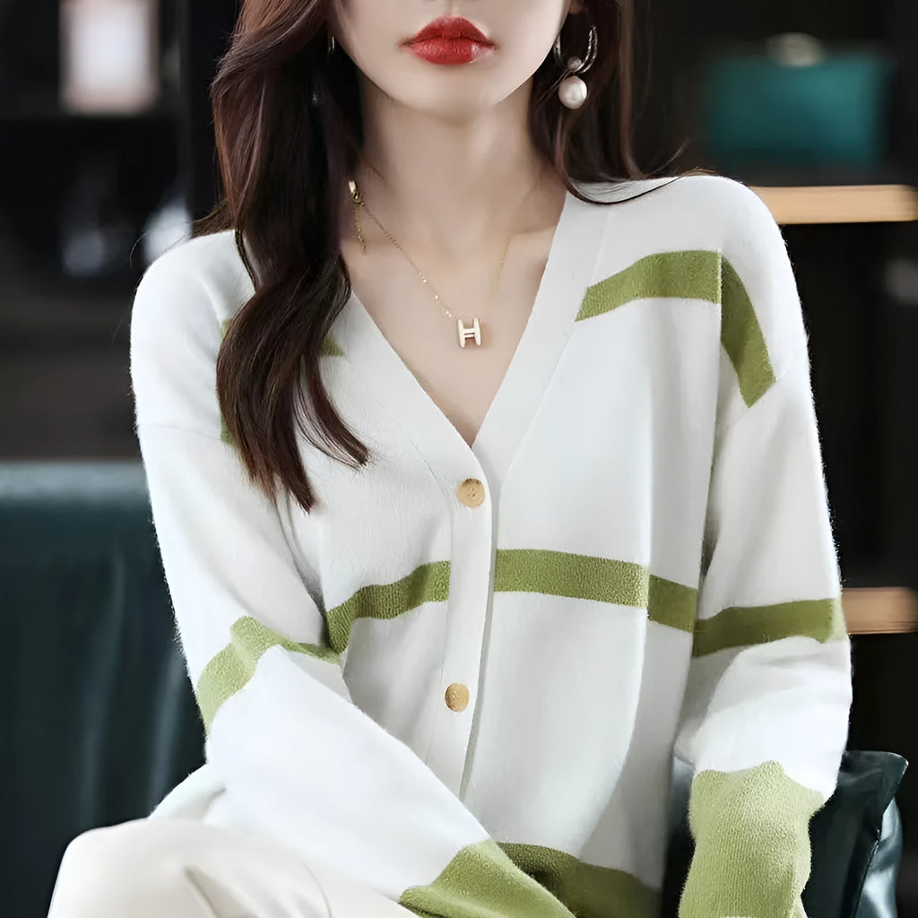 Women's striped V-neck knitted cardigan with 3D pattern effect and button closure