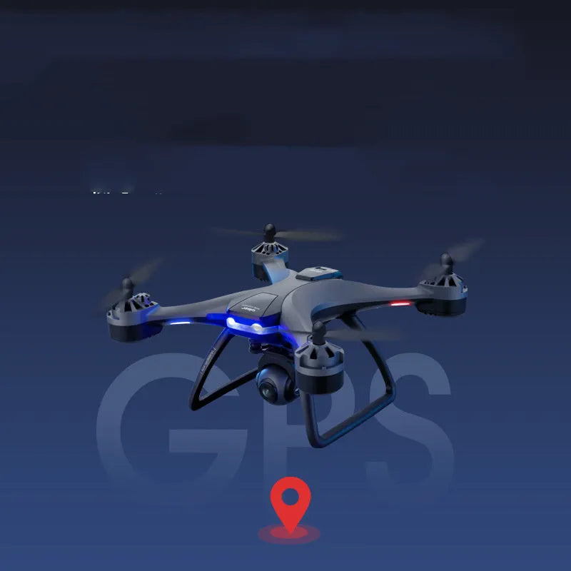 F5 smart ESC quadrocopter drone with dual cameras, remote controller, spare blades, and landing gear on a table.