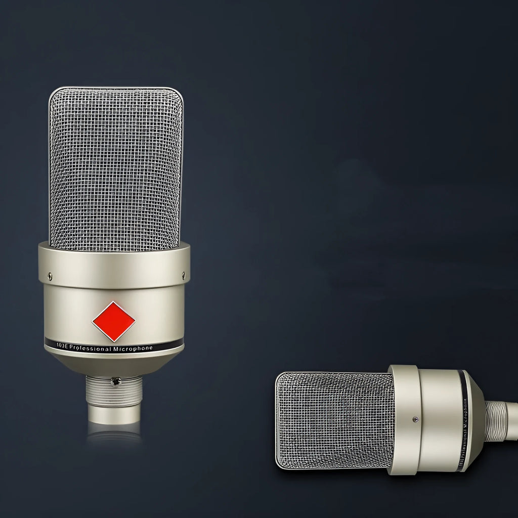 Wired condenser microphone in champagne gold colour with included stand and cable for recording