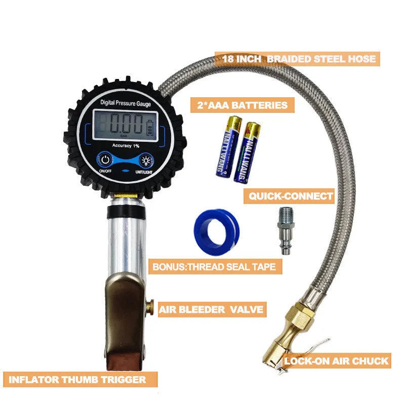 Digital tyre pressure gauge with metal braided hose and silver inflation gun, 200/250 psi, black and silver