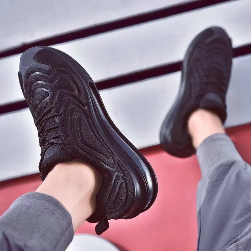 Men's black air cushion running sneakers with lace-up design and thick sole