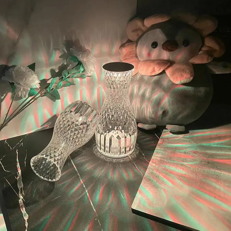 Crystal vase table lamp with remote control measuring 19cm tall on wooden bedside table