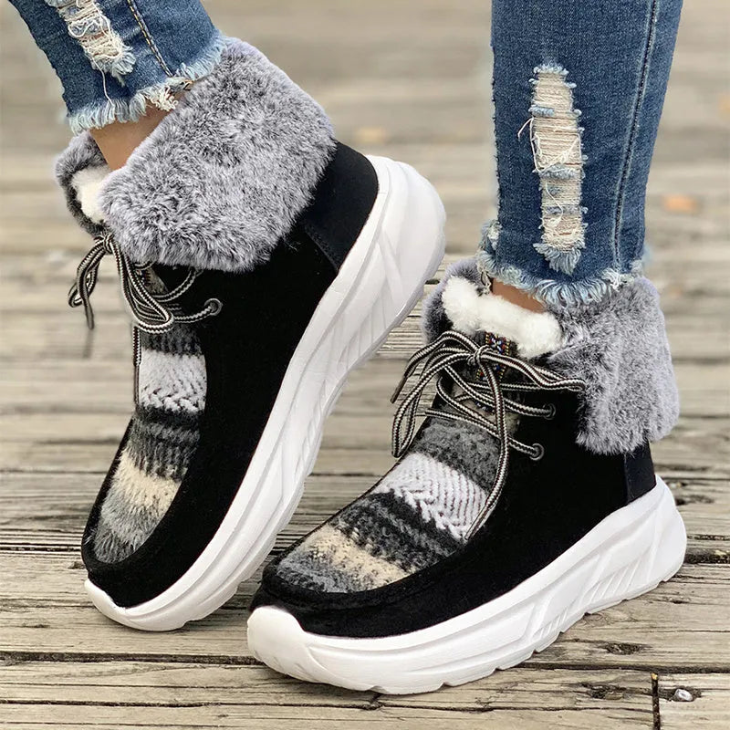 Women's beige lace-up snow boots with thermal lining and non-slip rubber soles
