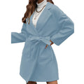 Brown minimalist long sleeve casual coat with lapel, buttons, and a split waist belt on a hanger.