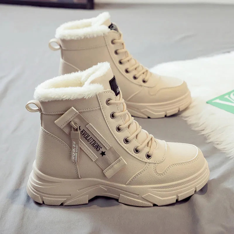 Women's plus size fleece-lined snow boots with lace-up front and mid heel