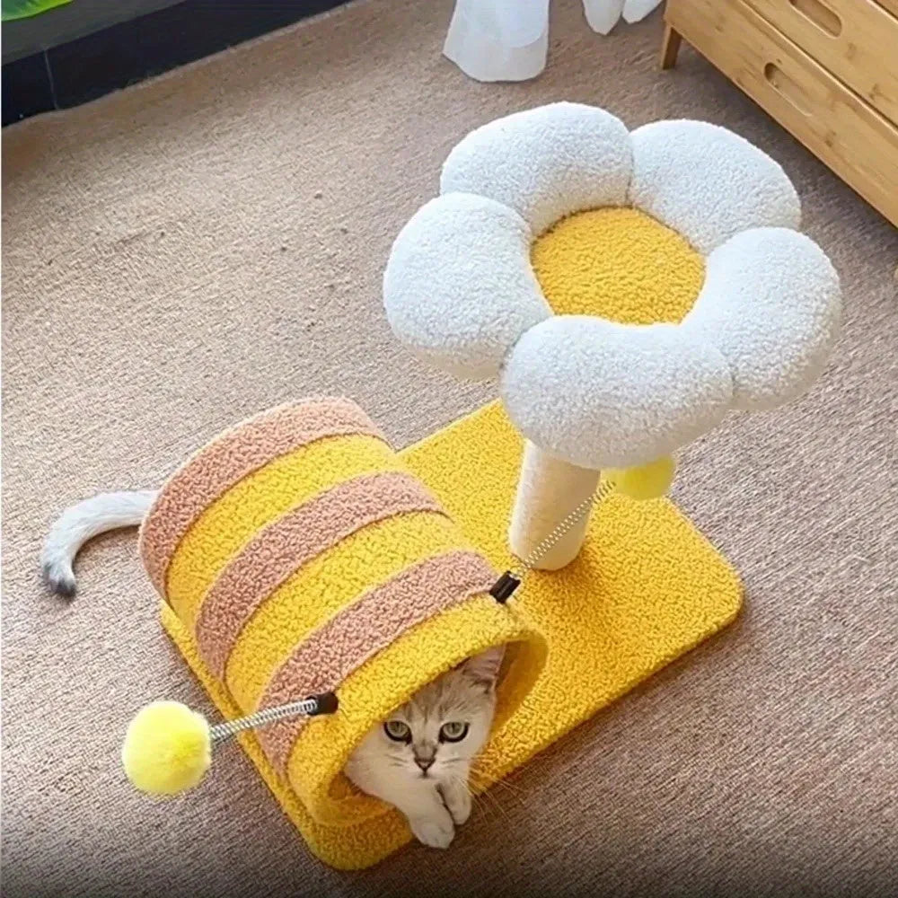 Yellow bee-shaped cat climbing frame with sisal scratching board and tunnel