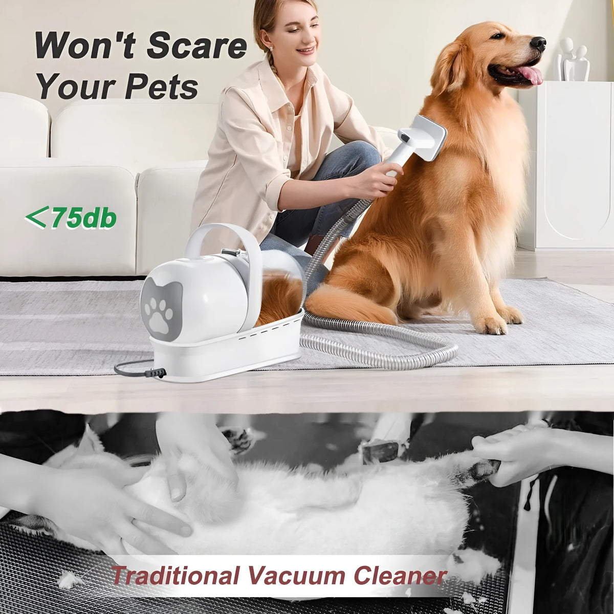 White ABS 7-in-1 dog grooming vacuum trimmer with Lady Shaver set and plug options