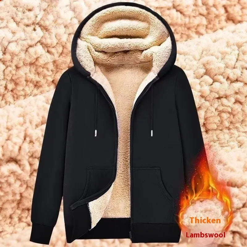 Men's black hooded zipper cardigan jacket with wool lining, loose fit, long sleeves, sizes M to 5XL