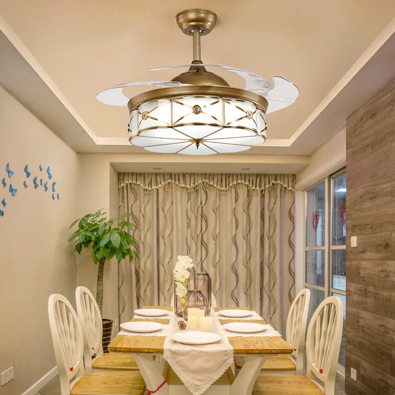 Gold 42 inch ceiling-mounted silent fan light with invisible blades and remote control.