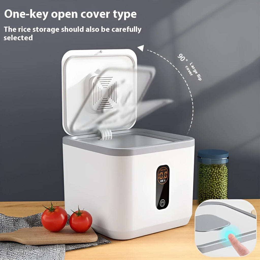 Grey plastic rice storage jar with airtight lid and measuring cup in 10kg, 20kg, or 30kg capacity options