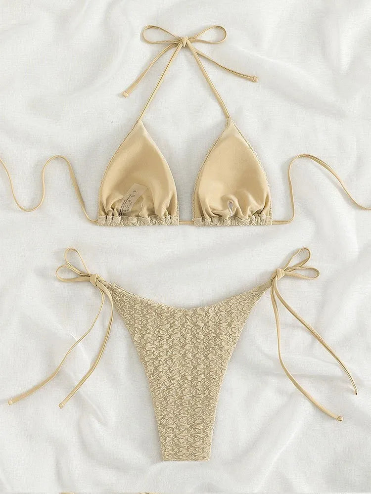 Women's high waist bikini with lace-up front top in khaki, blue, pink, or black colours