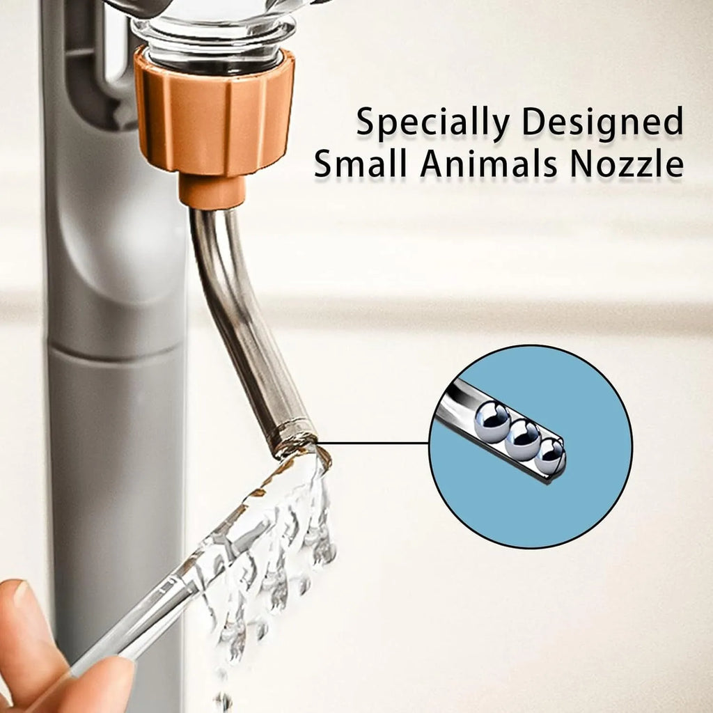 Blue small animal cage water bottle with rotatable nozzle and stainless steel drinking valve.