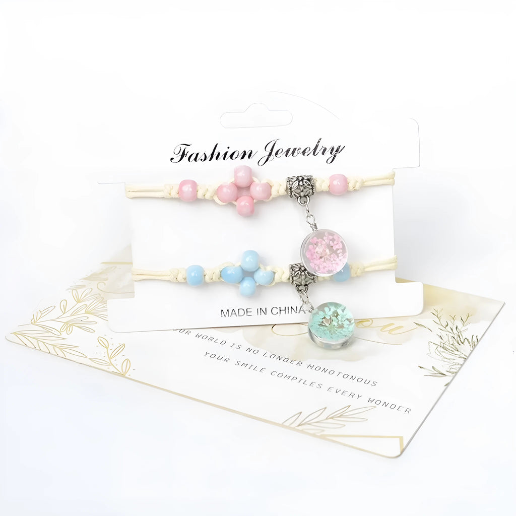Hand-woven glass dried flower bracelet with large 1.4cm beads in blue colour option