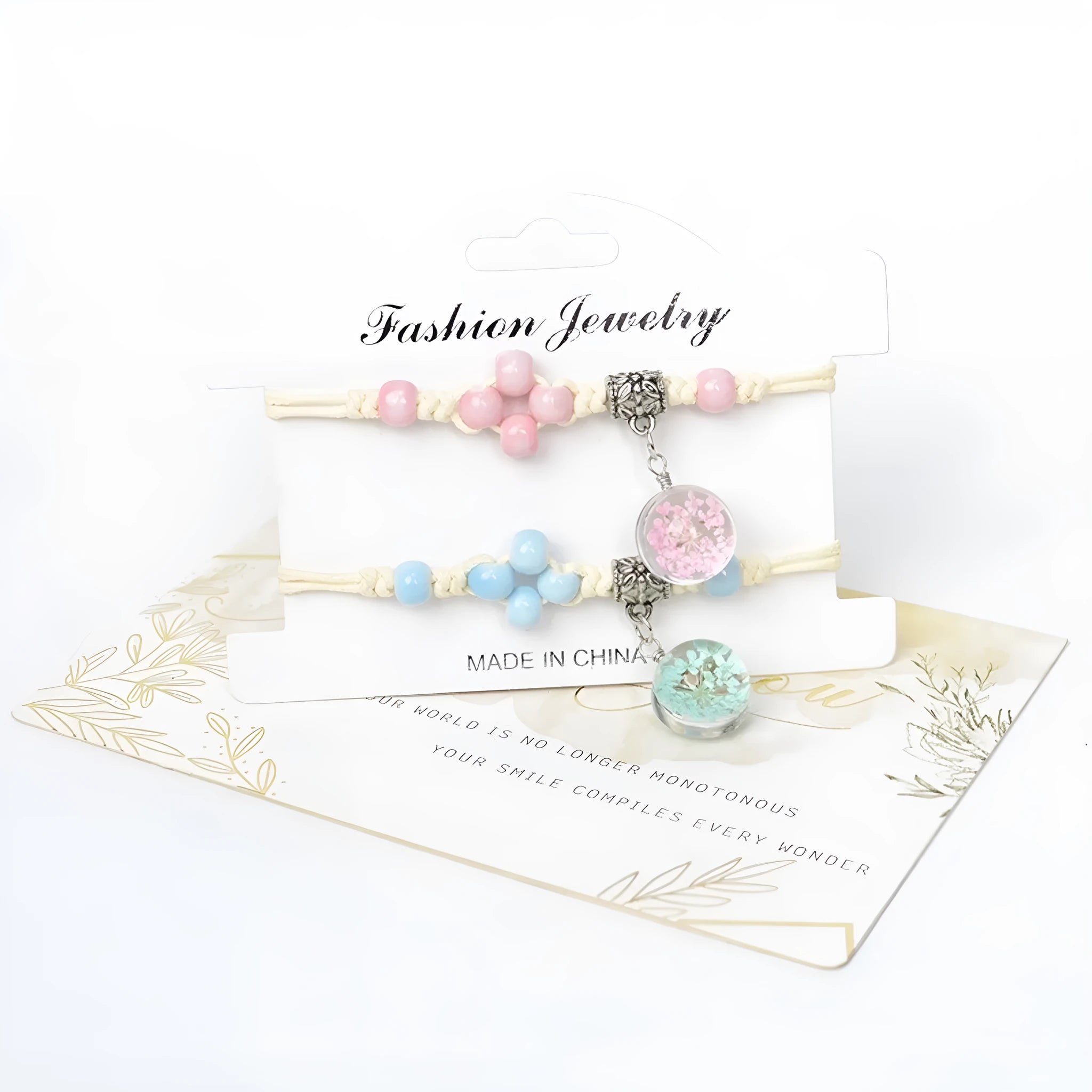 Hand-woven glass dried flower bracelet with large 1.4cm beads in blue colour option