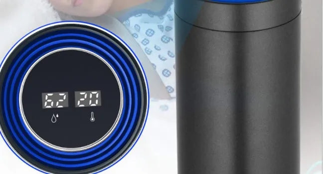 A7 aluminium alloy car air purifier with USB cable, display screen, and water cup design.