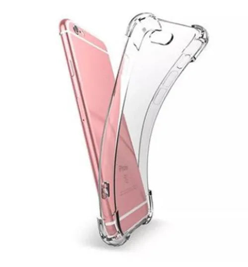 Transparent TPU shockproof mobile phone case for iPhone models on a plain background