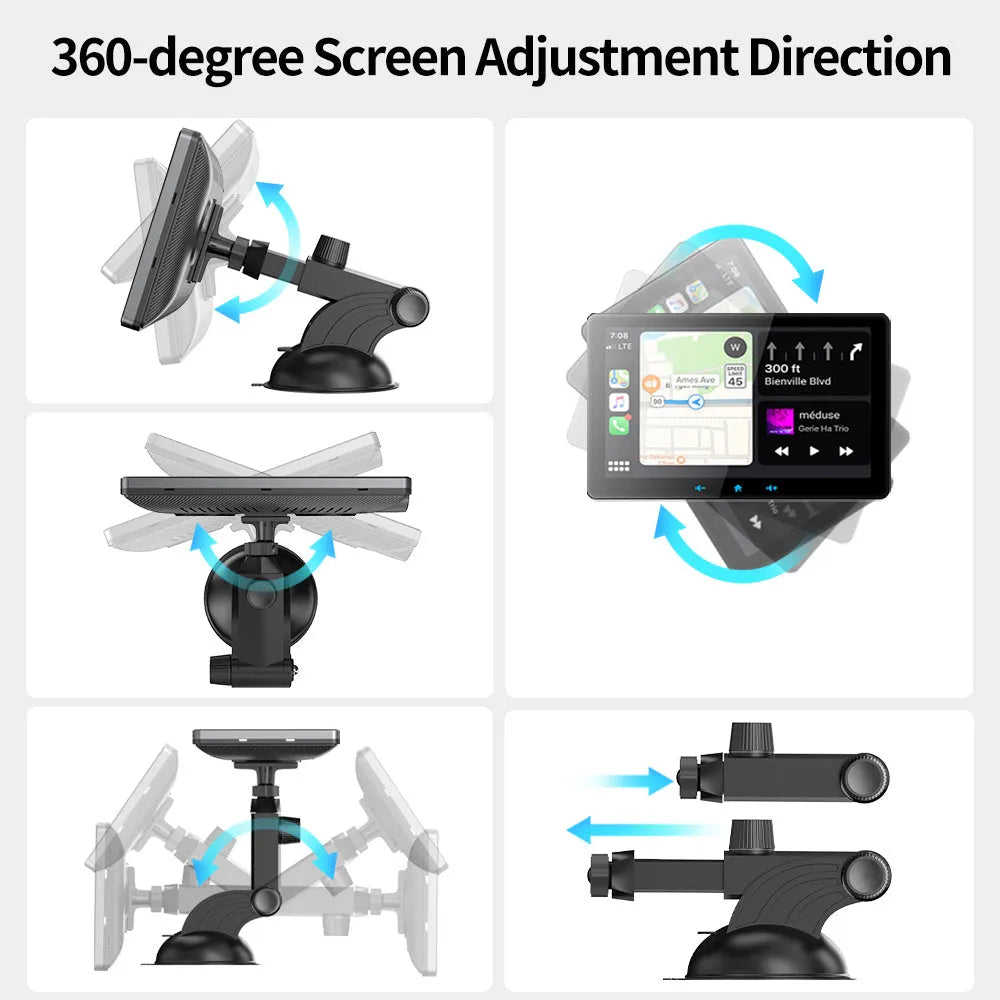 7-inch wireless CarPlay car display with suction cup mount and cigarette lighter power cable