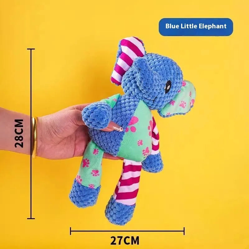 Bite-resistant plush dog toy in styles like blue elephant, rechargeable duck, and donkey.