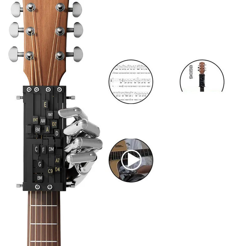 Black automatic guitar chord capo device on guitar neck for beginner practice