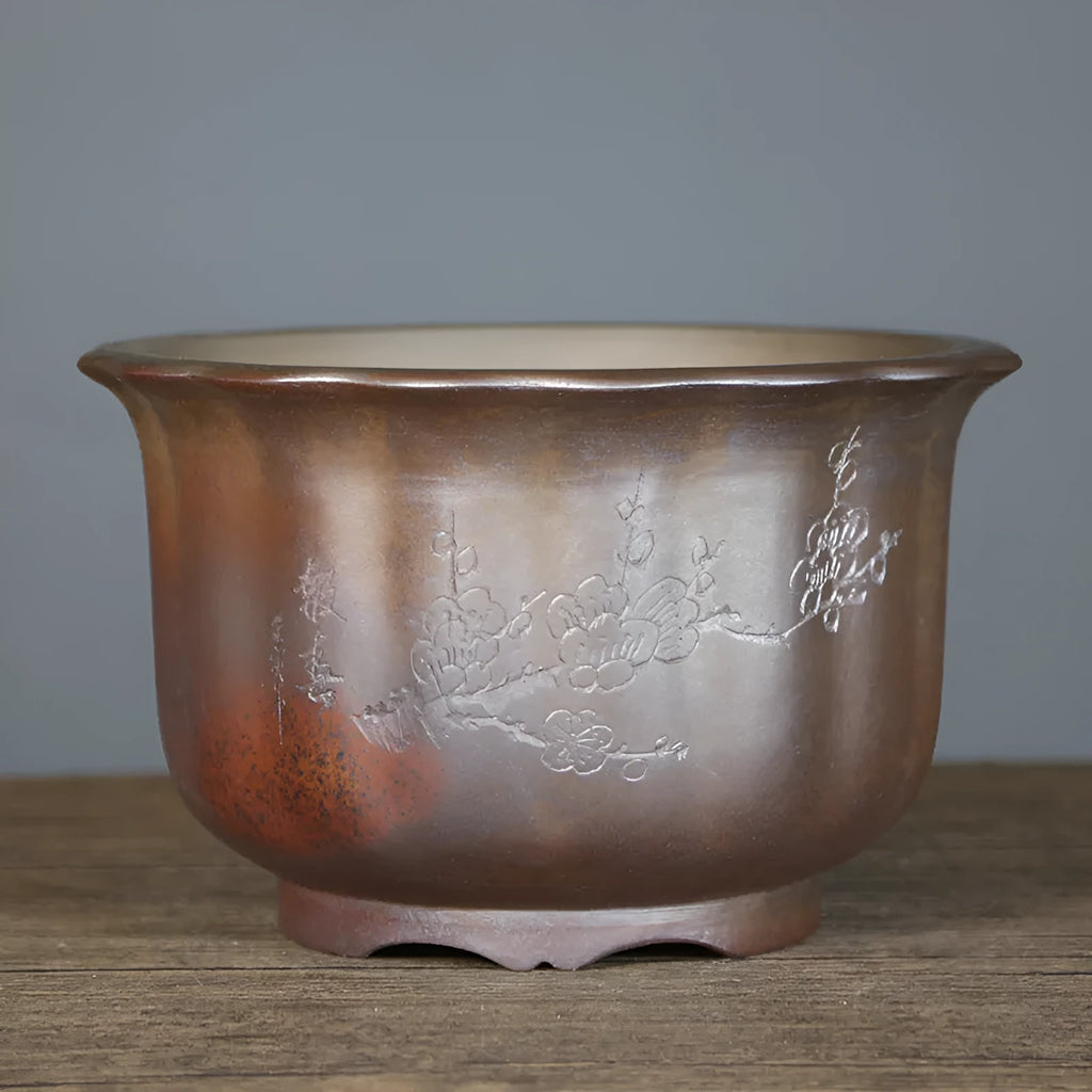 Antique carved purple sand ceramic flowerpot for indoor bonsai display