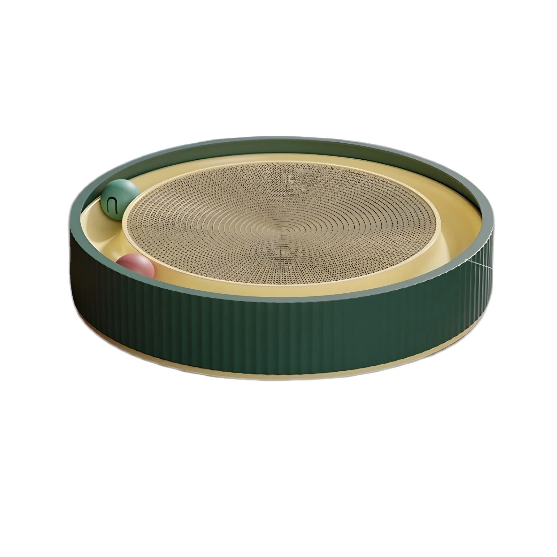 Large green circular cat scratching board with integrated moving ball toys and a spring plush ball.