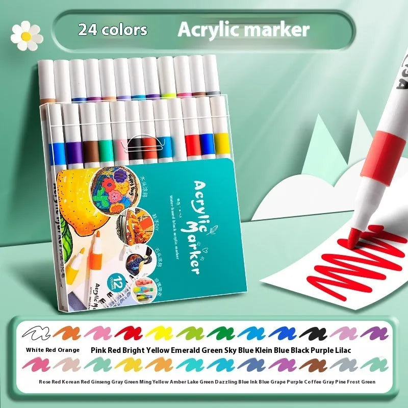 Boxed set of acrylic marker pens showing multiple colour options from 12 to 80 colour selections