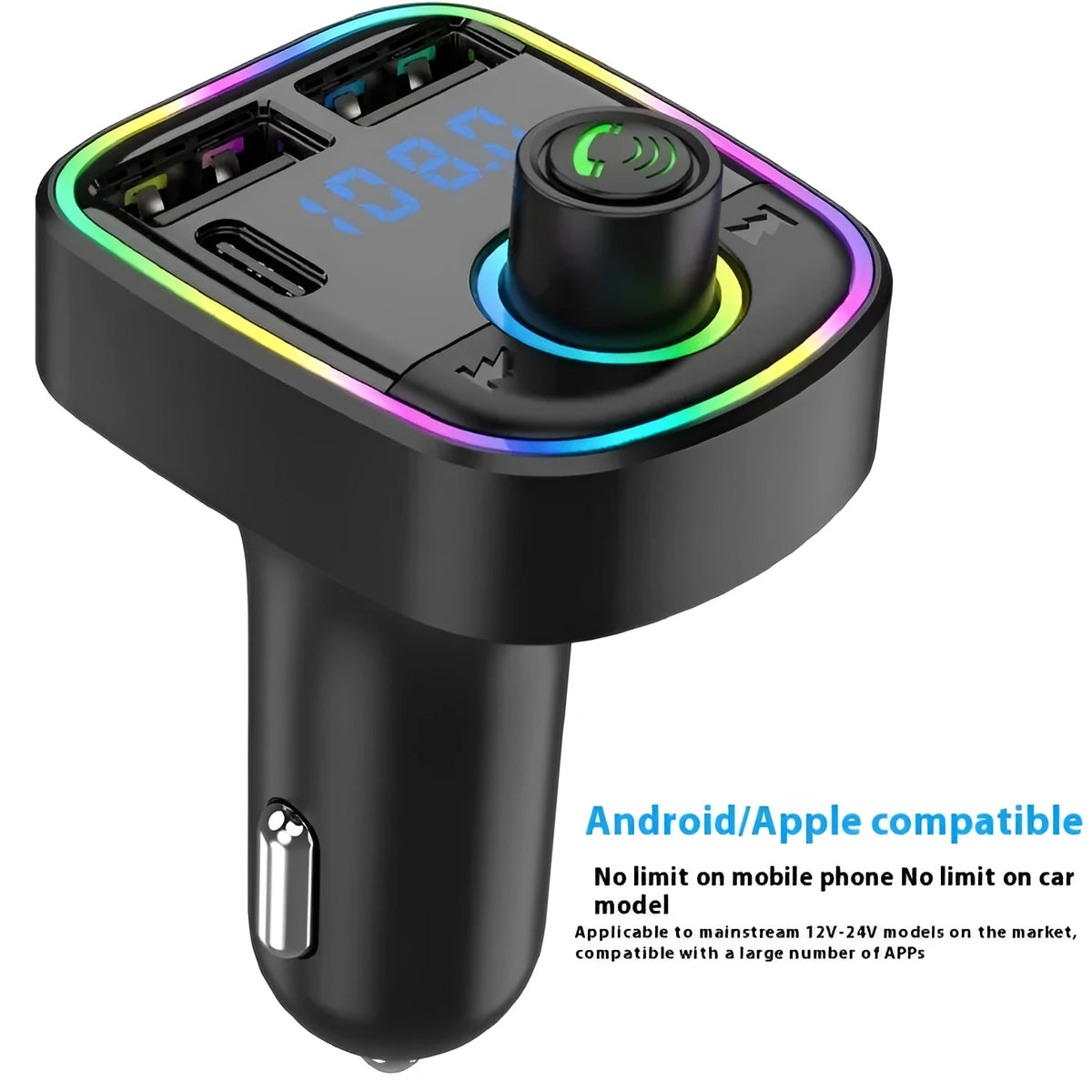 Vehicular Bluetooth MP3 player charger with 1.1 inch display and ABS casing in C2 colour box packaging