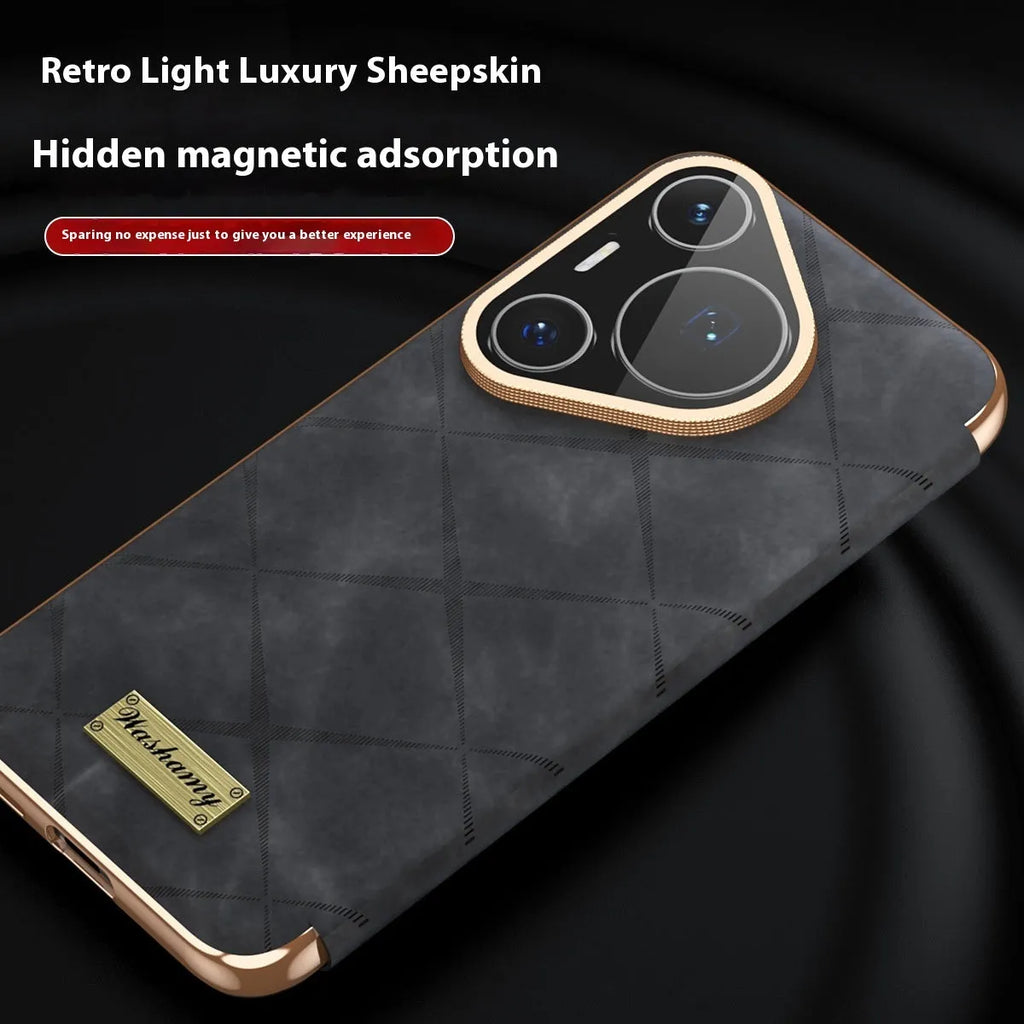 Electroplated diamond grid Huawei phone case in black, brown, and purple with embossed imitation leather