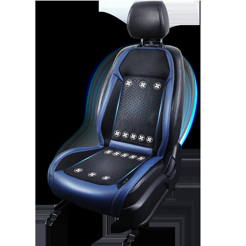 Black or blue universal car seat cooling pad with USB cable showing ventilated polyester surface for 12V 24V vehicles