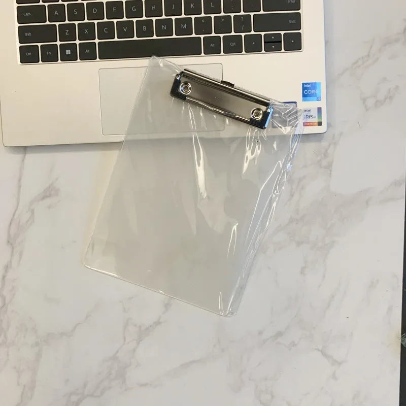 Transparent A4 plastic clipboard with metal clip in blue, green, red or white colour options