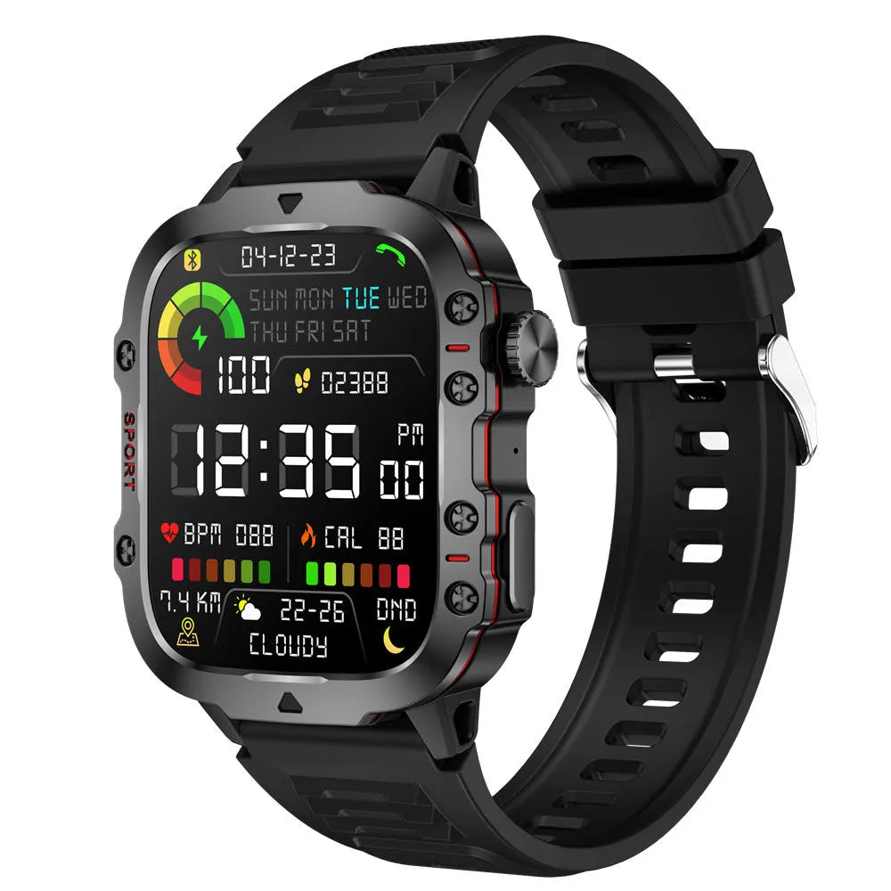QX11 smart watch with TFT screen on wrist, showing black and khaki colour options with different strap styles.