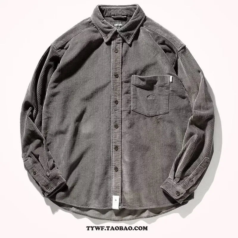 Men's caramel corduroy Japanese style loose cardigan shirt on hanger