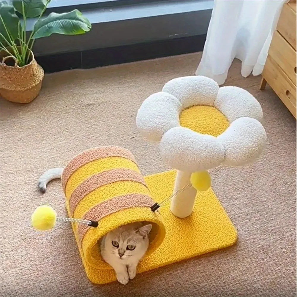 Yellow bee-shaped cat climbing frame with sisal scratching board and tunnel