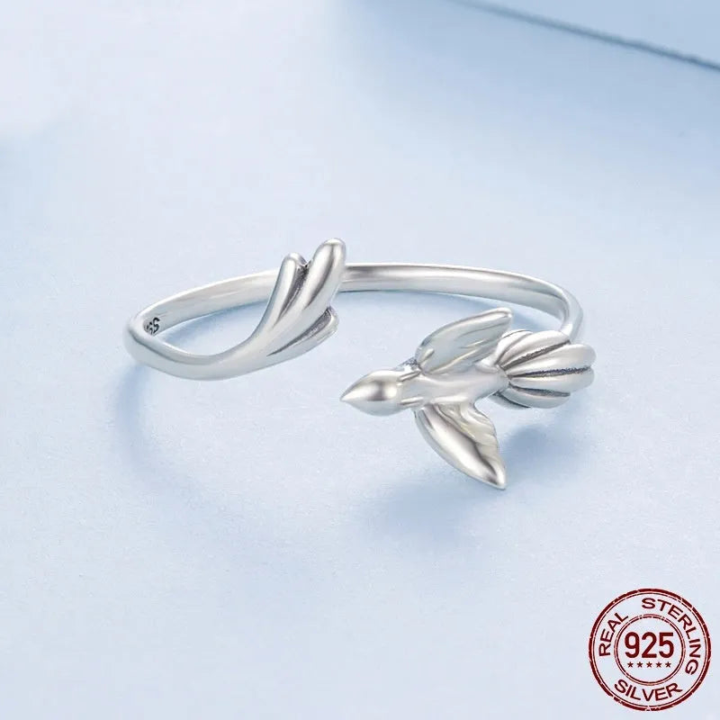 S925 sterling silver adjustable open ring with bird design and polished finish, women's style, colour BSR714-E