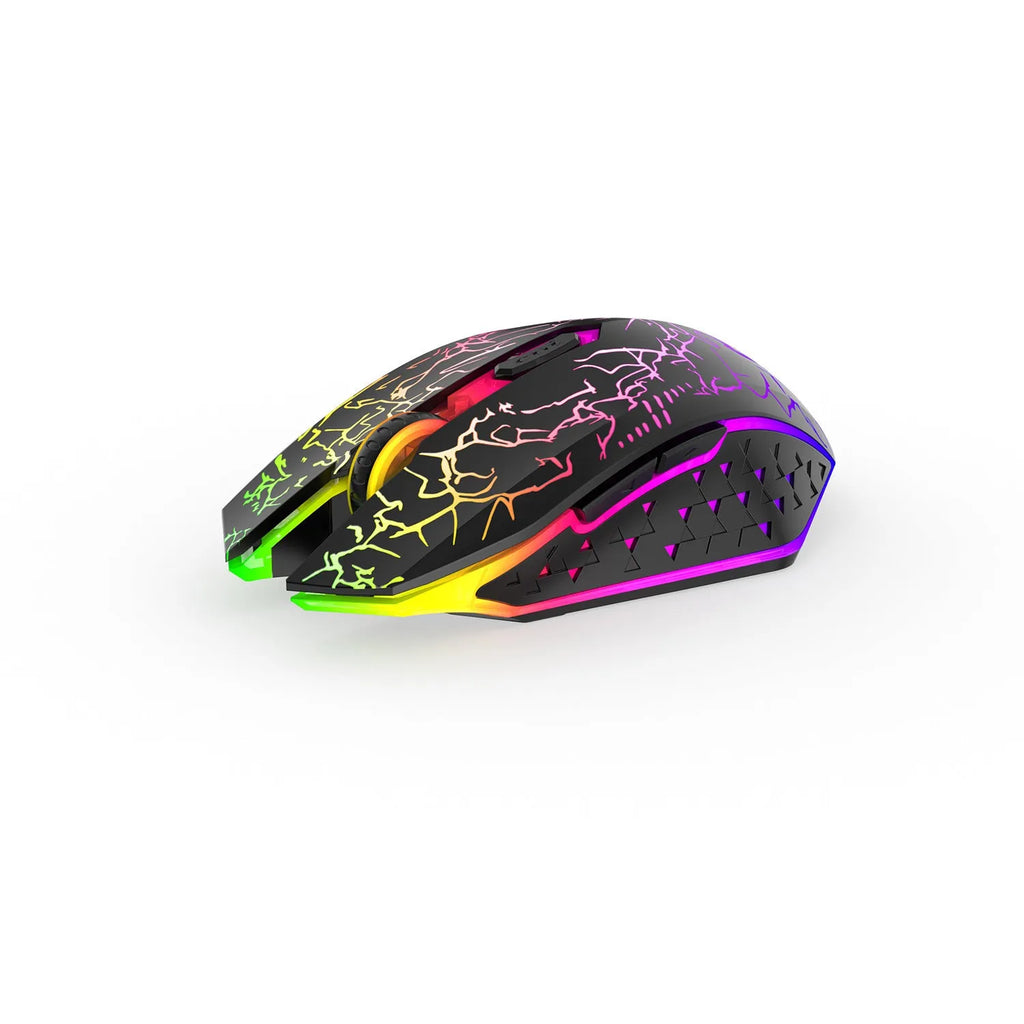 Black and white rechargeable wireless gaming mouse with RGB breathing light on desktop